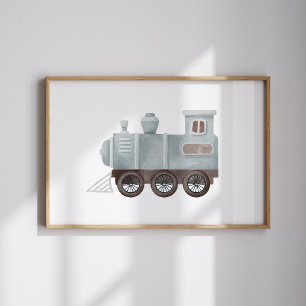 Aquarelle vintage bleu train poster de pépinière