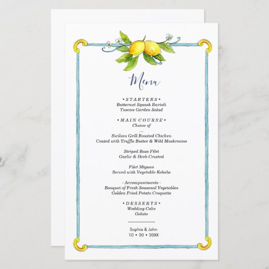 Aquarelle vintage citron menu mariage (Devant / Derrière)