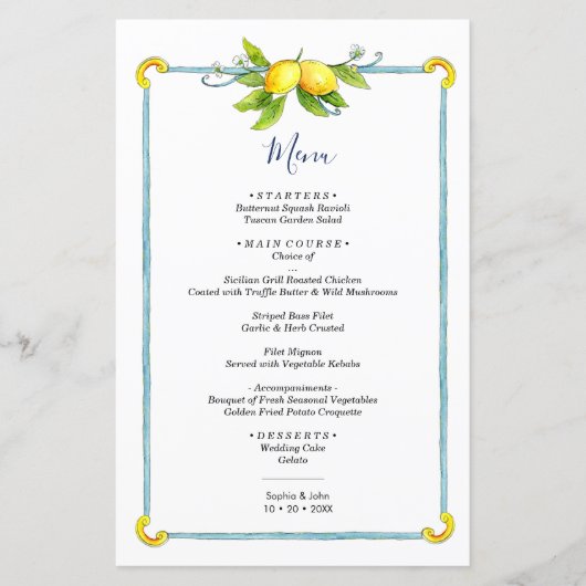 Aquarelle vintage citron menu mariage (Devant)