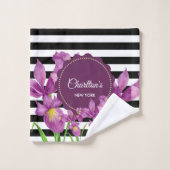 Aquarelle violet Irises noir blanc rayures (Gant de toilette)