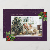 Aquarelle violet or Holly Photo Cartes de Noël (Devant / Derrière)