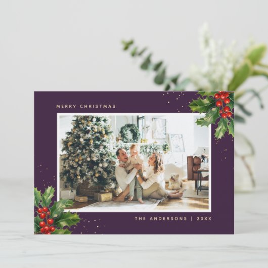 Aquarelle violet or Holly Photo Cartes de Noël (Debout devant)