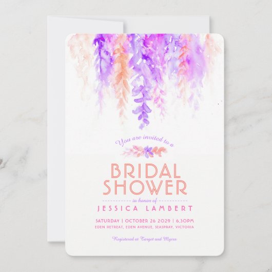 Aquarelle violet orange invitations de douche nupt (Devant)