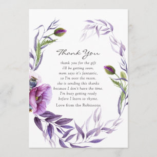 Aquarelle Violet Poppy Floral Baby shower Merci