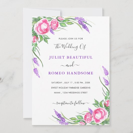 Aquarelle violet rose Faire-part de mariage Fleurs (Devant)