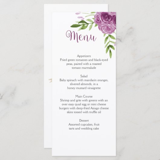 Aquarelle violet Rose verdure Carte menu (Devant / Derrière)