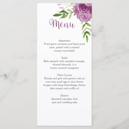 Aquarelle violet Rose verdure Carte menu (Devant)