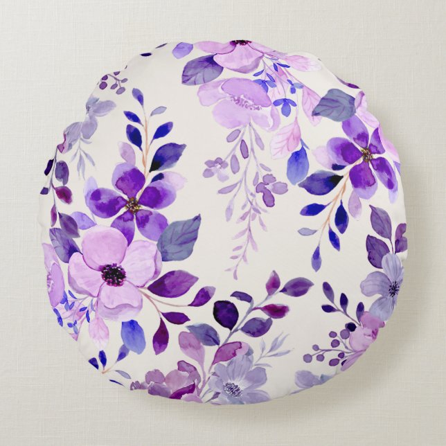 Aquarelle violette Coussin rond botanique (Devant)