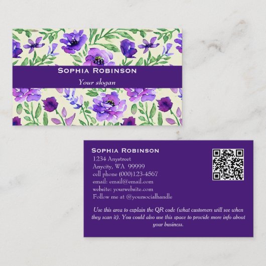 Aquarelle violette et verte Carte de visite Floral (Devant / Derrière)