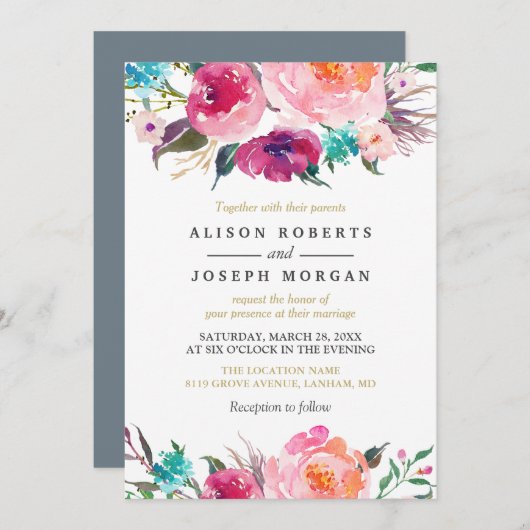 Aquarelle violette Faire-part de mariage botanique (Devant / Derrière)