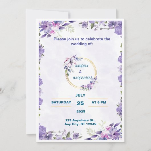 Aquarelle violette Faire-part de mariage florale (Devant)