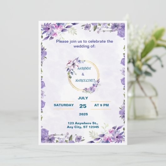 Aquarelle violette Faire-part de mariage florale (Debout devant)