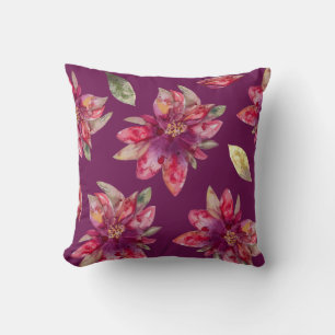 Aquarelle violette Festive Poinsettia Coussin