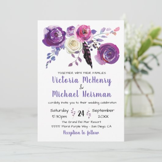 Aquarelle violette Floral Boho invitations de mari (Debout devant)