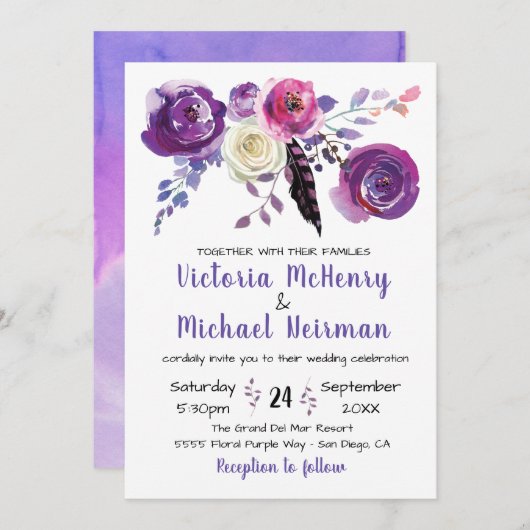 Aquarelle violette Floral Boho invitations de mari (Devant / Derrière)