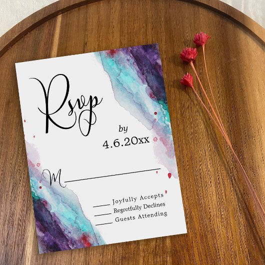 Aquarelle violette rouge Aqua Mariage moderne RSVP