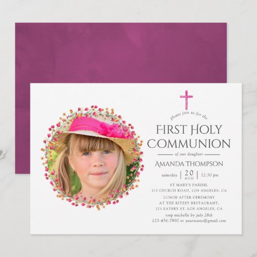 Aquarelle Wildflower First Heilige Communie Kaart (Voorkant / Achterkant)