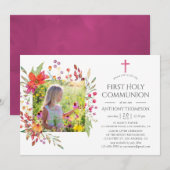 Aquarelle Wildflower First Heilige Communie Kaart (Voorkant / Achterkant)