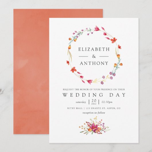 Aquarelle Wildflower Spring Wedding Kaart (Voorkant / Achterkant)