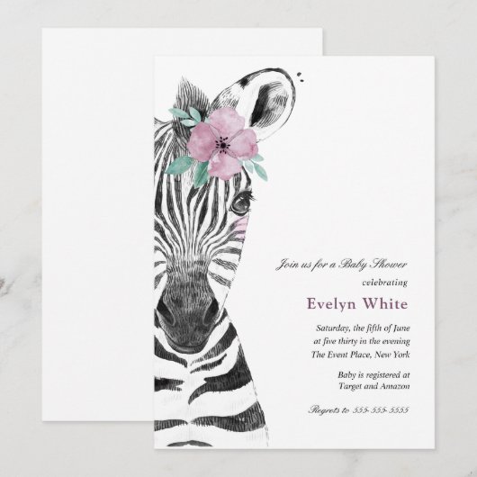 Aquarelle Zèbre | invitation Baby shower (Devant / Derrière)