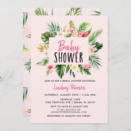 AquarelleFleurs tropicales Invitation Baby shower (Devant / Derrière)