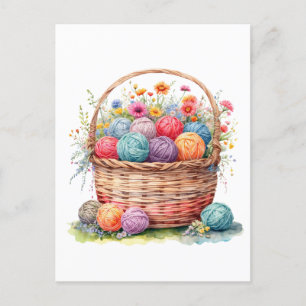 Aquarelmand met garenbolletjes en bloemen  briefkaart