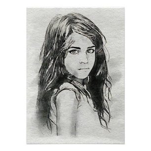 Aquarelportret van klein meisje Zwart & Wit Foto Afdruk