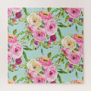 Aquarelrozen in Roze en Crème op Aqua Legpuzzel
