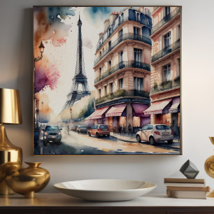 Aquarelschilderij van een Parijse straat Poster