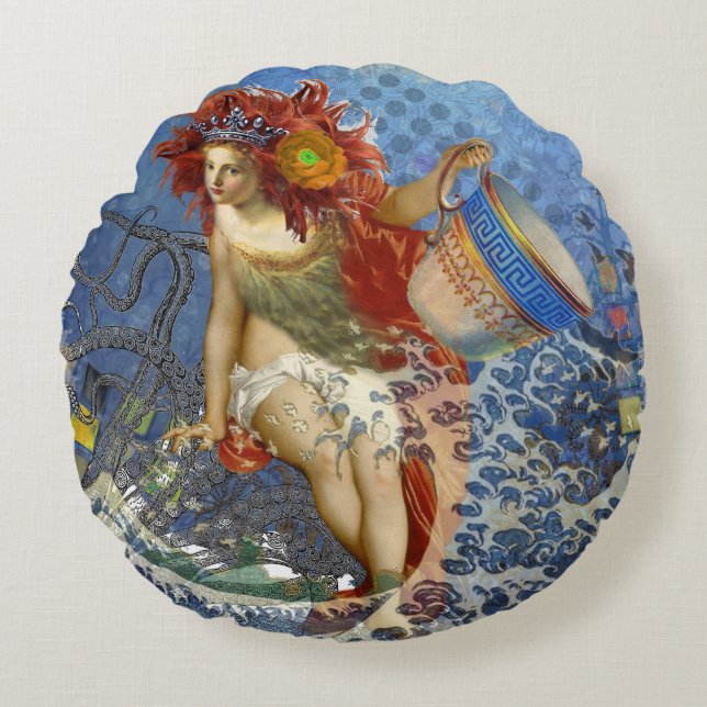 Aquarius Mermaid Gothic Blue Art Rond Kussen (Voorkant)