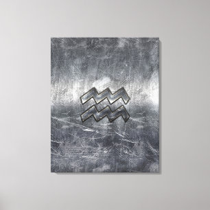 Aquarius Zodiac Distress Silver Steel Style Canvas Afdruk