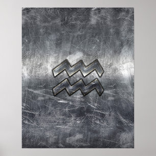 Aquarius Zodiac Distress Silver Steel Style Poster