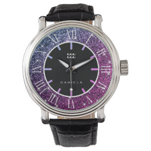 Aquarius Zodiac Luxury Pink Paarse Glitter Stars Horloge
