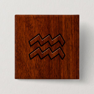 Aquarius Zodiac Sign Mahogany Wood Style Vierkante Button 5,1 Cm