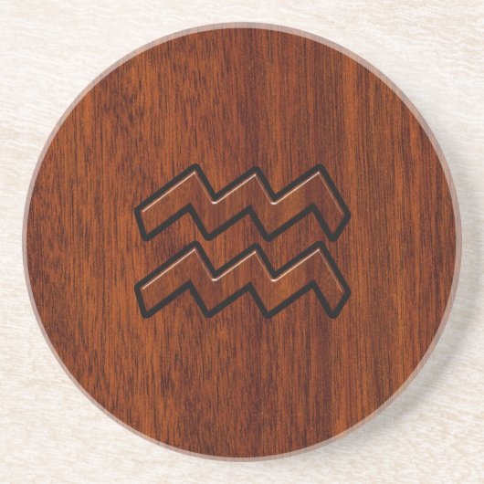 Aquarius Zodiac Sign Mahogany Wood Style Zandsteen Onderzetter (Voorkant)