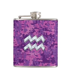 Aquarius Zodiac Sign on fuchsia digital camouflage Heupfles