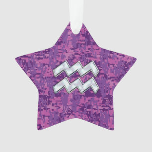 Aquarius Zodiac Sign on fuchsia digital camouflage Ornament