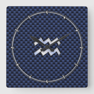 Aquarius Zodiac Sign on Royal Blue Carbon Fibre Vierkante Klok