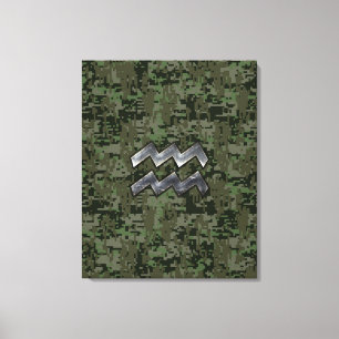 Aquarius Zodiac Sign on Woodland Digital Camo Canvas Afdruk
