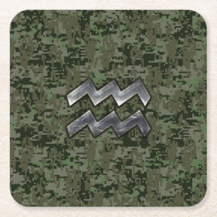 Aquarius Zodiac Sign on Woodland Digital Camo Vierkante Kartonnen Onderzetter