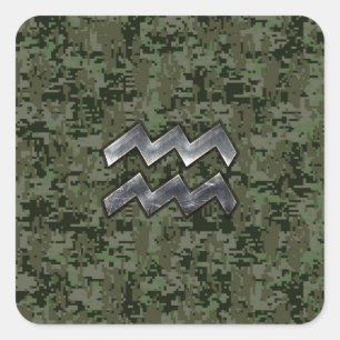 Aquarius Zodiac Sign on Woodland Digital Camo Vierkante Sticker