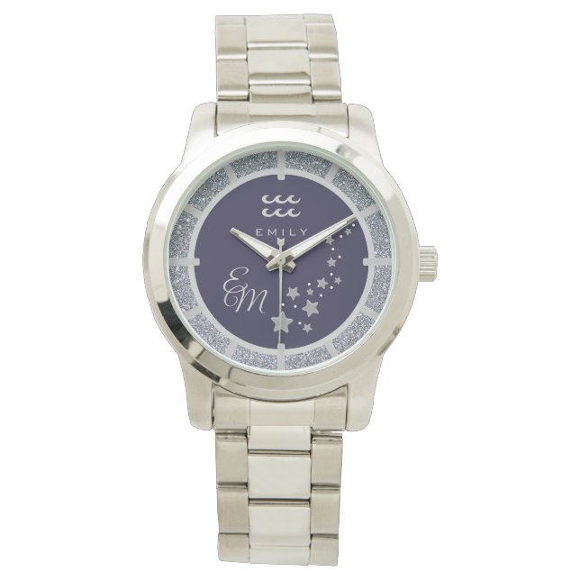 Aquarius Zodiac Silver Glitter Dark Blue Monogram Horloge (Voorkant)