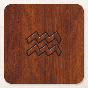 Aquarius Zodiac Symbol Mahogany Style Vierkante Kartonnen Onderzetter