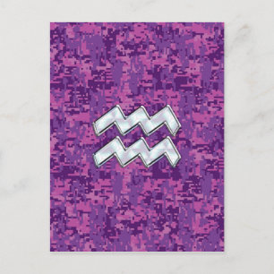 Aquarius Zodiac Symbool on fuchsia digital camo Briefkaart
