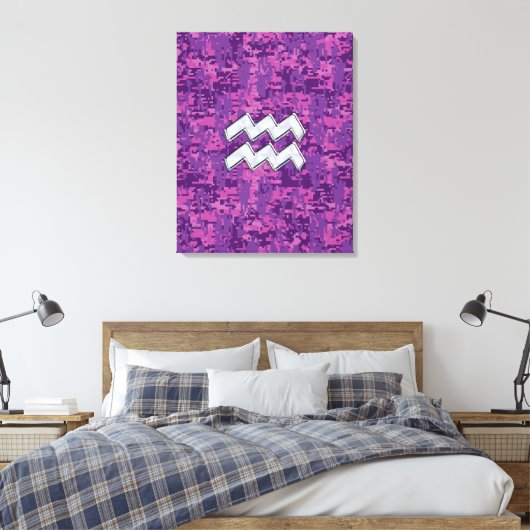 Aquarius Zodiac Symbool on fuchsia digital camo Canvas Afdruk (Insitu (Slaapkamer))