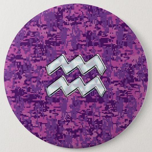 Aquarius Zodiac Symbool on fuchsia digital camo Ronde Button 6,0 Cm (Voorkant)