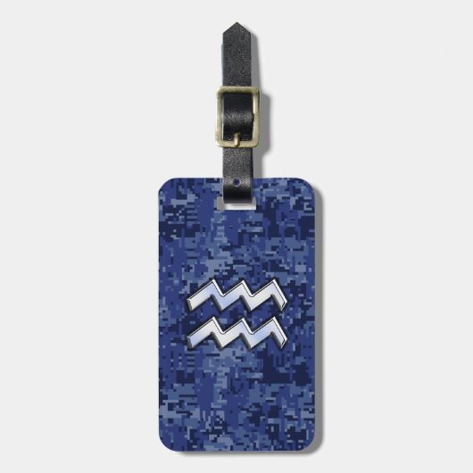 Aquarius Zodiac Symbool op blauw digitaal camodeco Bagagelabel (Voorkant verticaal)