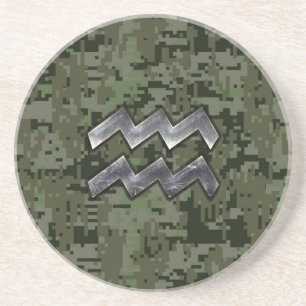 Aquarius Zodiac Symbool op Green Digital Camouflag Zandsteen Onderzetter