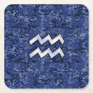 Aquarius Zodiac Symbool op marinesblauwe digitale Vierkante Kartonnen Onderzetter