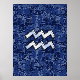 Aquarius Zodiac Symbool op Navy Digital Camouflage Poster